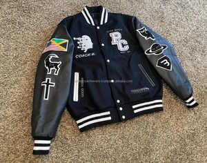 Chaqueta universitaria Letterman para hombre, Mangas de cuero, logotipo personalizado, bordado, estampado de letras universitarias, chaqueta de béisbol negra, logotipo personalizado - Product Image 1