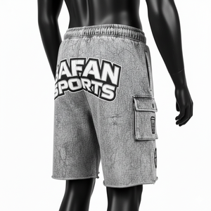 กางเกงขาสั้นผู้ชายผ้าฝ้ายฟลีซพรีเมียม 340 GSM สีเทา ล้างสีแบบแอซิดวอช แต่งแพทช์ปักลายโลโก้ - Product Image 5