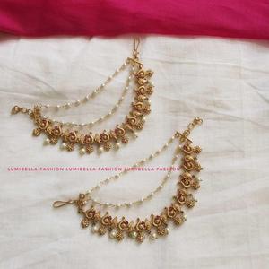 18K Gold Plated Hoop Ear Chain with Intricate Peacock Design Crystal Pearl and Diamond Accents - Product Image 1