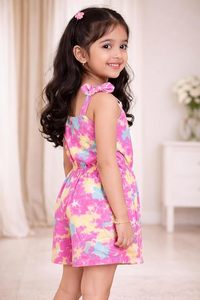 Combinaison sans manches pour filles, imprimé tie-dye, avec bretelles à nœuds, motif rose, jaune, bleu, respirante, en polyester, tenue avec short - Product Image 2