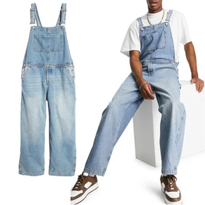 Salopette en jean décontractée taille haute pour homme, style streetwear, respirante, en coton délavé, coupe ample - Product Image 3