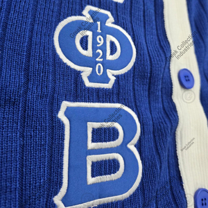 Cárdigan de Mujer Personalizado para Hermandad Zeta ZPB, Azul Rey y Rayas Blancas, Tejido de Cable, con Bordado de Letras Griegas - Product Image 5