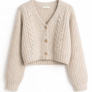 Suéter Cárdigan de Punto Casual para Mujer, Nuevo Estilo Otoñal, Elegante, Cintura Alta, Cuello en V, Detalle Trenzado en la Parte Delantera, Manga Larga, Corte Ajustado - Product Image 1