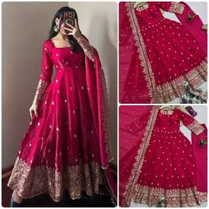 Women’s Designer Party Wear Gown Set | Heavy Fandy Silk Embroidered <b>Sequin</b> Gown with <b>Pant</b> & Dupatta - Product Image 6