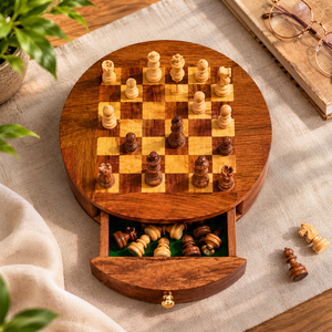 Jeu d'échecs magnétique en bois de rose indien fait main |   Jeu d'échecs de voyage en bois avec tiroir de rangement |   Stratégie de table classique - Product Image 2