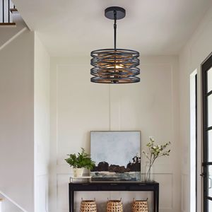 Lustre suspendu rustique industriel à 3 lumières de 13 pouces, cage en métal noir noyer, accents en bois pour îlot de cuisine, salle à manger (sans ampoules) - Product Image 2