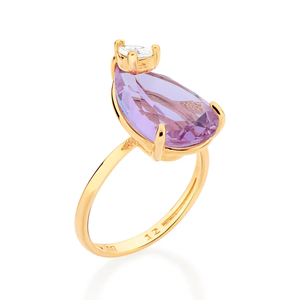 Glam 10K <b>Gold</b> Plated Amethyst <b>Cocktail</b> <b>Ring</b> Pear Shape Claw Setting Women's Engagement February Birthstone - Product Image 2