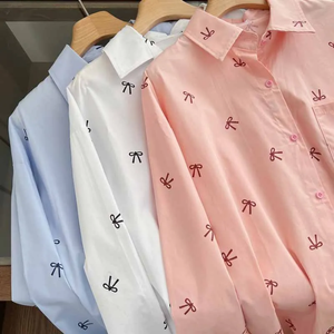 Blusa holgada con estampado tejido para mujer, jersey de manga larga con bolsillo y botones, estilo coreano informal y sencillo para uso diario - Product Image 2