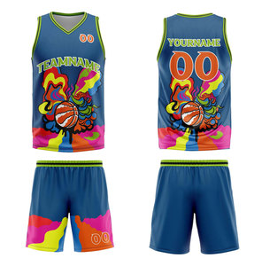 Conjunto de Uniforme de Baloncesto Sublimado Personalizado, Nombre del Equipo, Jersey sin Mangas con Cuello en V, con Estampado Colorido, Tela de Malla Transpirable, para Adultos - Product Image 1