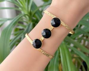 Gold Plated Brass Onyx Open Cuff <b>Bracelet</b> Classic Handmade Jewelry Unisex Fashion Bangles Bezel Setting Four Gemstone Design - Product Image 3