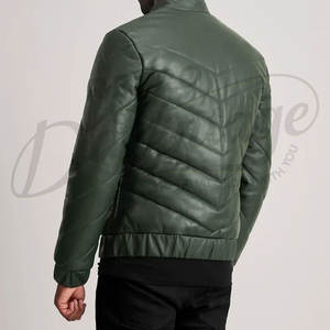 Blouson Homme Vert Foncé en Similicuir Matelassé Style Bomber Col Montant Coupe Slim Décontracté Motard - Product Image 2