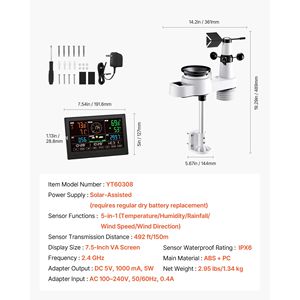 Stazione Meteo Wi-Fi 5-in-1 con Display VA da 7,5 Pollici, Sensore Esterno Wireless Alimentato a Energia Solare, Pluviometro per Interni ed Esterni - Product Image 5