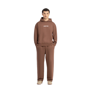Conjunto de dos piezas de chándal de forro polar para hombre, sudadera con capucha y bolsillo canguro, pantalones de pierna recta con dobladillo abierto y cintura elástica, estilo relajado para invierno - Product Image 1