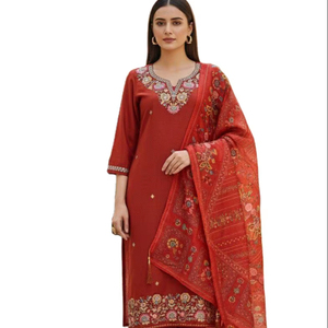 Ensemble Kurti et pantalon en tissu de soie de coton pur, coupe droite, bordure semi-cousue, couleur unie, haute brillance, pour tenue de mariage - Product Image 1