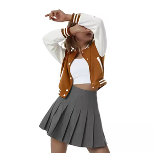 Brown White Embroidered Woolen Women's Streetwear <b>Varsity</b> <b>Jacket</b> Regular Sleeve Button Closure Autumn Winter Casual Outerwear - Product Image 4