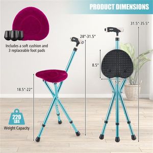 Aluminum Alloy Folding Seat Cane 5-Level Height Adjust LED Light Anti-Slip Pads Bonus <b>Cushion</b>/Eld 3 <b>Foot</b> Pads 220lbs Capacity - Product Image 3
