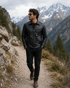 Veste en cuir noir pour homme avec col chemise classique, fermeture éclair intégrale sur le devant, poche poitrine, poches latérales et coupe slim moderne - Product Image 6