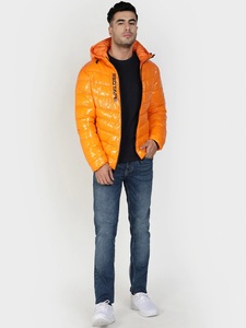 Veste matelassée à capuche orange pour homme, coupe-vent, fermeture éclair sur le devant, vêtement d'hiver décontracté, couleur unie, rembourrage épais en polyester - Product Image 2