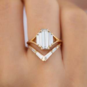 Geometric <b>Cocktail</b> <b>Ring</b> With Baguette Diamond Prong Setting 14K Solid <b>Gold</b> Women's Luxury Fine Jewelry - Product Image 1