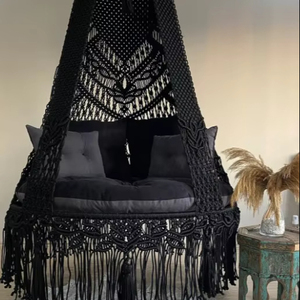 Black Macrame Hanging <b>Swing</b> Chair: Indoor Outdoor Decor - Product Image 1