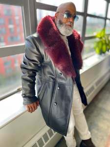 Veste d'aviateur en cuir véritable Eoin Winston Sports avec col en fourrure bordeaux, veste d'hiver pour homme - Product Image 1