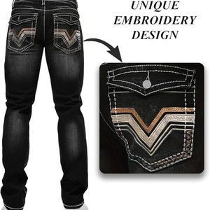 Jeans en denim extensible pour homme, design brodé, coupe classique, décontractée, style streetwear, avec poches - Product Image 3