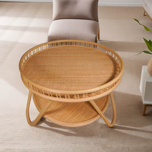 Artan Handmade 2-Tier Rattan <b>Round</b> Coffee <b>Table</b> Unique <b>Table</b> <b>Top</b> Design - Product Image 2