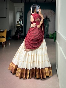 <b>Women</b> White And Maroon Silk <b>Lehenga</b> Choli With Gold Border For Traditional Indian Pakistani Wedding Wear - Product Image 5