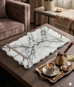 Plateau de service moderne en résine, résistant au lave-vaisselle, avec poignées, pour table à manger, cuisine, thé, café, petit-déjeuner, collations, desserts - Product Image 1