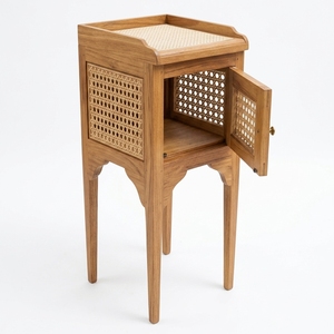 Teak Wood Nightstand Natural Rattan Woven Bedside Table Side Cabinet Storage Drawers Bedroom Living Room Furniture - Product Image 1