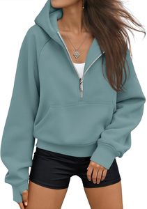 Sudadera con capucha unisex morada de moda con media cremallera, corte regular, de algodón polar, color liso, estilo oversize, para uso casual de otoño - Product Image 2