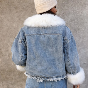 new fashion Women Hybrid <b>Denim</b> <b>Jacket</b> With Fleece Rib Sleeves Oversized Streetwear Premium Quality Custom Design - Product Image 2