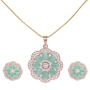 RAY FINE ORNATES Rose Gold Flower Pendant Mint Cubic Zirconia Brass Handmade Jewelry Floral Pendant Necklace & Earring Set - Product Image 1