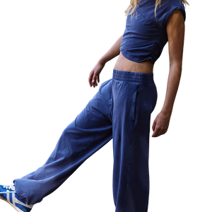 Customized Women's 2 Piece Blue Sporty <b>Set</b> Cap Sleeve Crop Top With Crew Neck And Full Length Harem Pants Breathable <b>Knitted</b> <b>Set</b> - Product Image 6