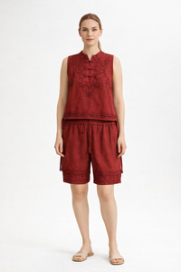 Women's <b>Viscose</b> Embroidered Collared <b>Top</b> and Short Set Manufacturer - Product Image 4