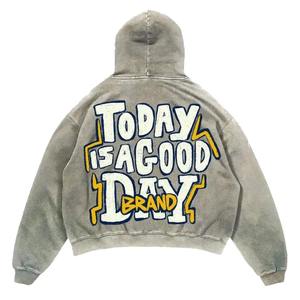 Sudadera con Capucha Gris de 500 Gsm, Estilo Vintage, Personalizada, de Doble Capa, con Efecto Desgastado por el Sol, Lavada al Ácido y con Rasgaduras, para Streetwear - Product Image 5