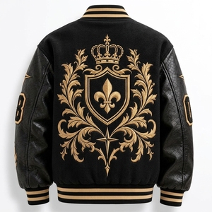 Chaqueta de Hombre Negra con Bordado Dorado, Chaqueta de Béisbol Personalizada con Letras, Cuerpo de Lana, Mangas de Cuero, Chaqueta Bomber de Equipo, Fabricante - Product Image 2