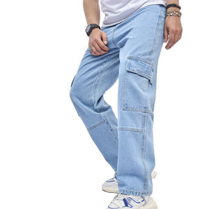Jean cargo décontracté pour homme, coupe ample, taille mi-haute, en denim polyester, délavé clair, écologique, grande taille, avec poches plaquées - Product Image 6