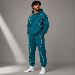 Men's <b>Teal</b> Two Piece Tracksuit Set Solid Color Cotton Full Sleeve Casual Wear with White Stripe Detailing Season Regular Fit - Product Image 2