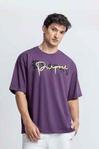T-shirt en coton violet surdimensionné pour homme, manches courtes, col rond, décontracté, jersey uni, respirant, couleur unie, coupe ajustée - Product Image 2
