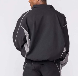 Men's Black Sporty <b>Track</b> <b>Jacket</b> With White Trim Stand Collar Zipper Front Breathable Polyester Outer Wear Set - Product Image 3