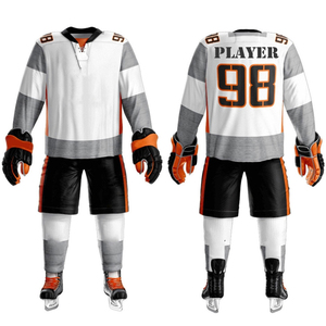 Custom Sublimation Ice Hockey Uniform Set – Professional White, Grey, and <b>Orange</b> Team Jersey with Matching Black Shorts and <b>Sock</b> - Product Image 1