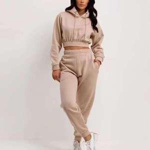 <b>Women</b>’s <b>Fleece</b> Cropped Hoodie <b>Jogger</b> Winter Tracksuit Solid Vintage Two Piece Set Custom Logo Wholesale OEM - Product Image 4