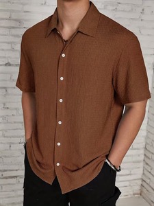 Men Fashion Textured Short Sleeve Button <b>Down</b> Shirt Casual Summer Resort Cuban Collar Lightweight Streetwear OEM - Product Image 4