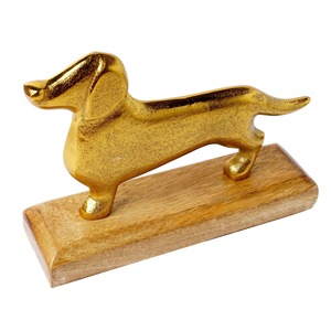 Brass <b>Dog</b> Figurine With Wooden Base Decorative <b>Table</b> Showpiece For Home Office Stylish Animal Decor Display From India - Product Image 3