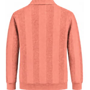 Pull Polo Tricoté Rose Corail pour Homme à Manches Longues, Motif Rayures Verticales Texturées, Col et Poignets Côtelés, Chemise Décontractée Tendance de Qualité Supérieure - Product Image 2