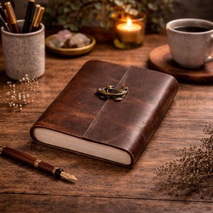 Handmade Leather Journal with <b>Lock</b> Printed Spiral & Saddle Stitch Binding 200 Pages Antique Deckle Edge Paper Vintage Diary - Product Image 2