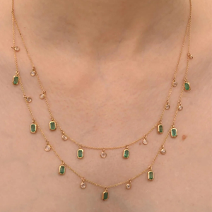18K White Gold Emerald and Diamond Double Chain Charm Necklace VVS1 Clarity Wedding - Product Image 3