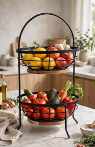 Panier à fruits ovale à 2 niveaux en fil métallique avec poignée arquée et base en bois, finition noire thermolaquée, organisateur de rangement de cuisine - Product Image 5