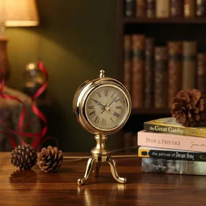 Brass Desk <b>Clock</b> Circular Contemporary Design Silent Quartz Movement <b>Battery</b> Operated Needle Display Green Marble Base Snooze - Product Image 6